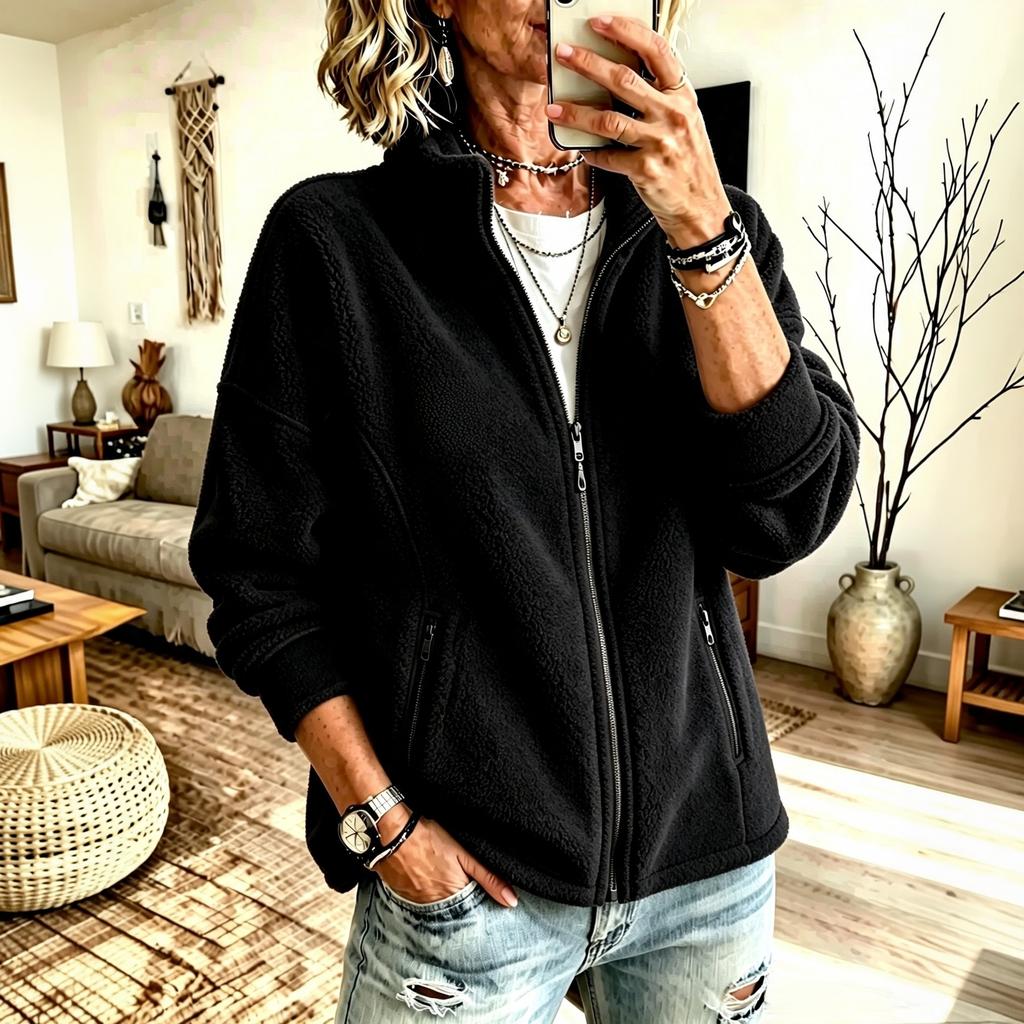 Women's Warm Full Zip Jacket with Stand Collar and Pockets for Fall Winter