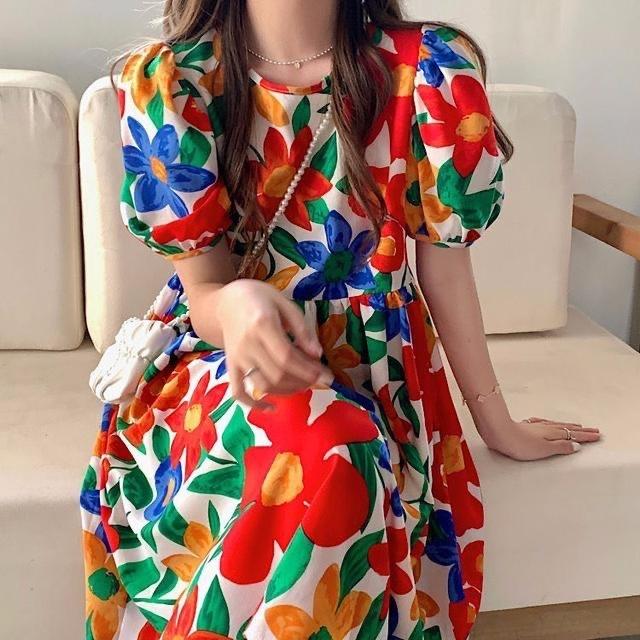

French elegant floral summer new dress retro printing loose medium and long skirt high sense M белый