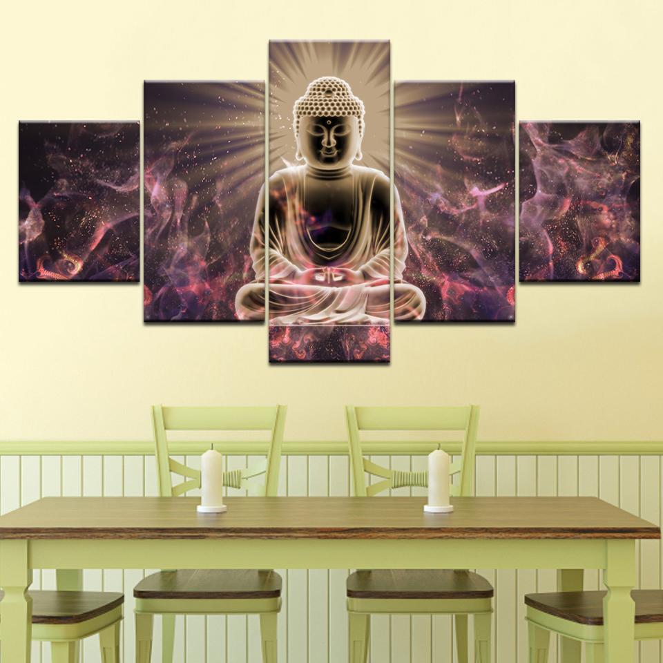 5 Pieces Buddhism Abstract Pictures Buddha Statue Paintings Printed Poster Wall Art Canvas Frame Living Room Home Decor