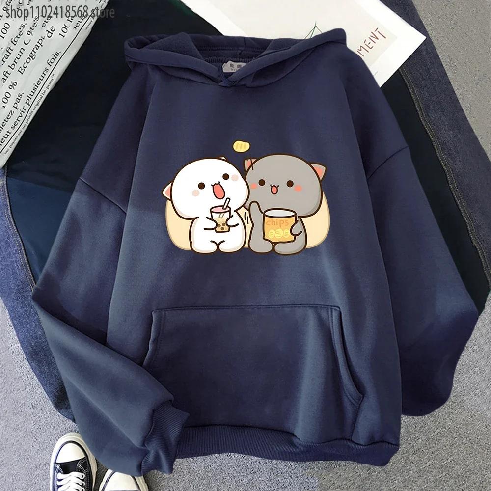 Mochi Peach Cat Hoodies Kawaii Clothing Bubble Tea Graphic Sweatshirts Harajuku Casual Camisetas De Muje Tops Women