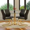 Collection de tables et de chaises: Table ronde luxueuse en verre trempé de 85 cm de diamètre avec support en métal doré, assortie à 4 chaises de salle à manger modernes noir-or.