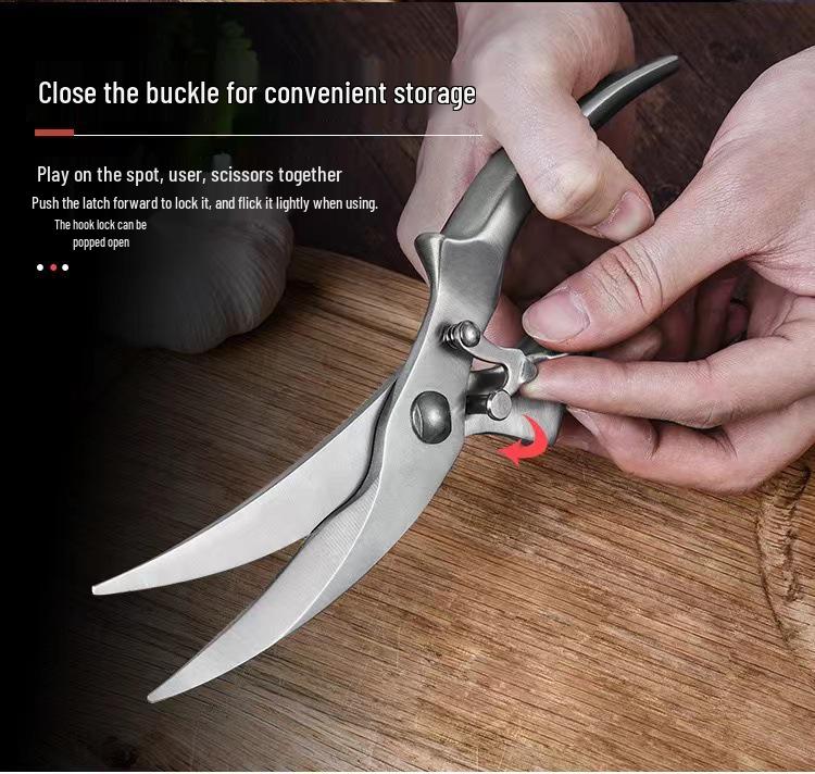 All-Steel Stainless Kitchen Scissors with Wooden Handle - Powerful, Multifunctional, for Cutting Chicken Bones and Household Food Use.