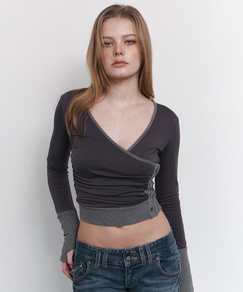 Peullijeunopallou Selena Button Wrap Long Sleeve Top (Charcoal)