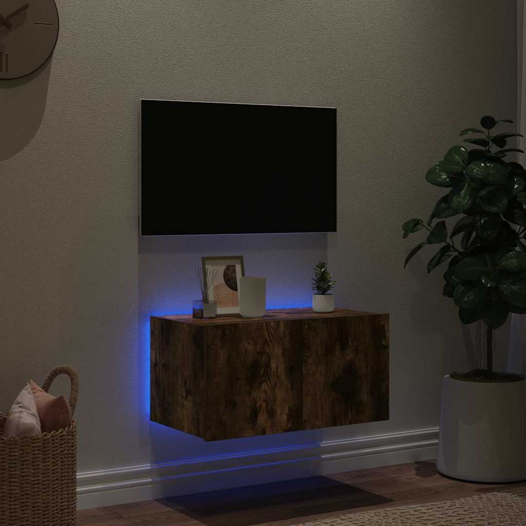 Wall Mounted TV Cabinet with LED Lights Smoked Oak Finish 60 x 35 x 31 cm