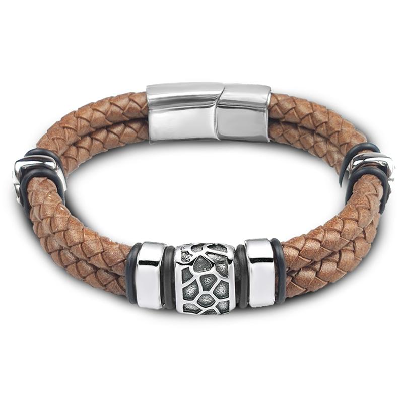 

Brown Luxury 316L Stainless Steel Irregularly Cracked Man Bracelet Genuine Braided Leather Men s Jewelry Items 20.5cm