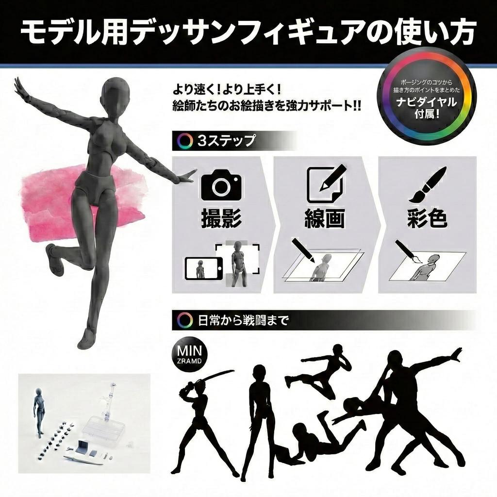 TOKIWANO Akční figurka Manekýn Ženský model Panenka pro kreslení DX PVC Model SHF se stojánkem Dárek Kreslící manekýnská figurka Model pro umělce Černá