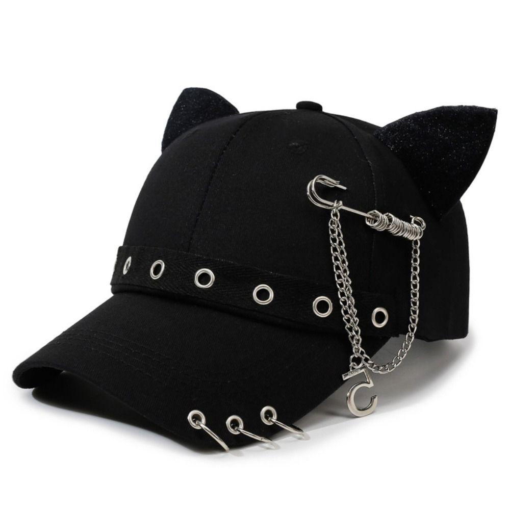 Hiphop Metal Ring Baseball Hat Rivet Peaked Cap Retro Cat Ear Baseball Cap  Men