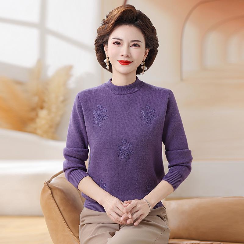Fleece-Lined Knitted Sweater: Warm Winter Base Layer for Middle-Aged and Elderly Women