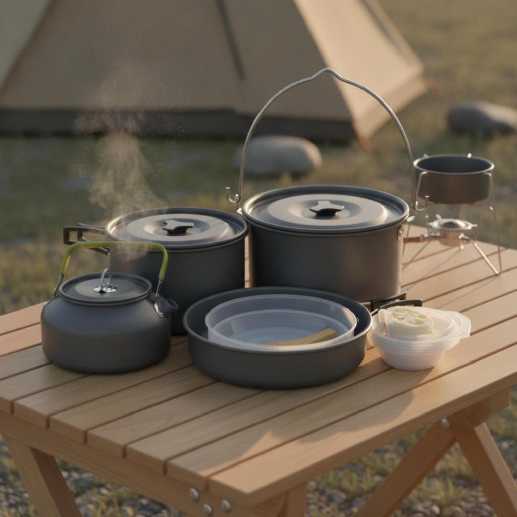 Camping Cookware Set with Kettle HardAnodized Carrying Bag for Families,