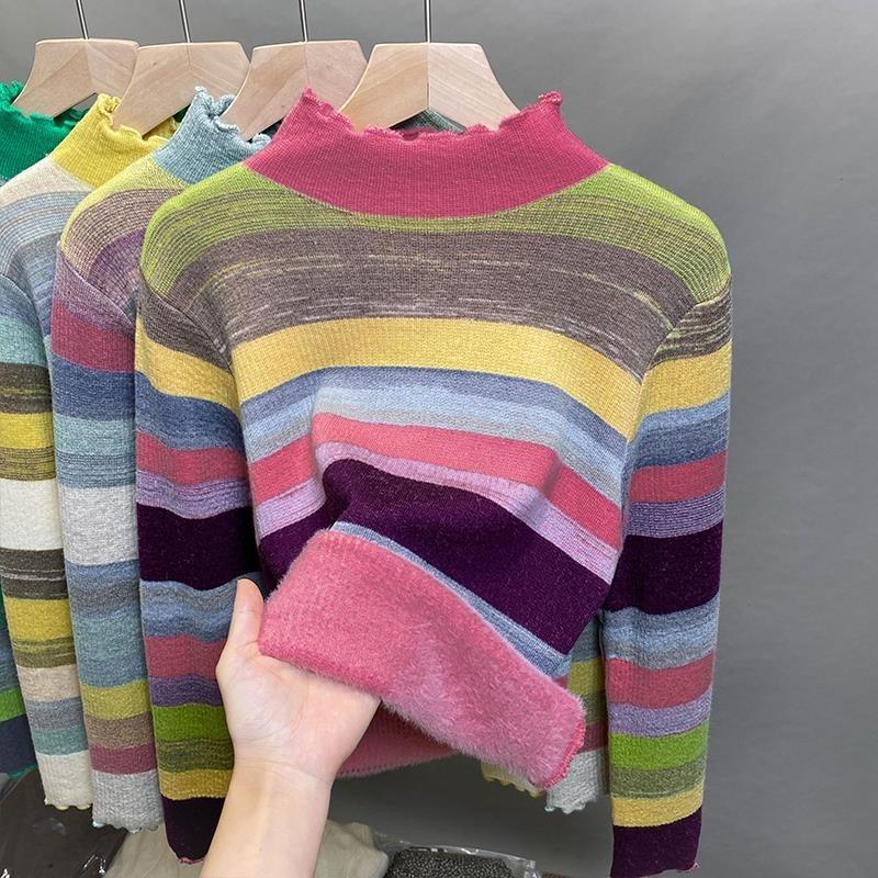 

Осень и зима новый полосатый вязаный свитер с флисовым верхом, свитер с полувысоким воротником, женская флисовая толстая базовая рубашка One size fits all [recommended 80-60kg] розовый