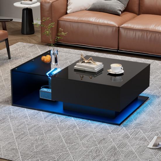 Hochglanz Schwarzer Couchtisch 100x50x32cm, mit Glasplatte und Schubladen, Kratzfest, mit 1 Schublade, LED-Licht, Modern