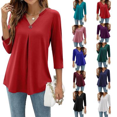 2025 Autumn/Winter Seven-Sleeve V-Neck Studded Pleated Solid Color Women's Top