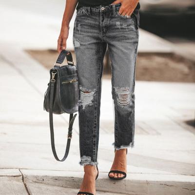 Women Denim Pants with Pockets Ripped Holes Buttons Zippered Placket Slim-Cut Long Pants Retro Style Street Jeans