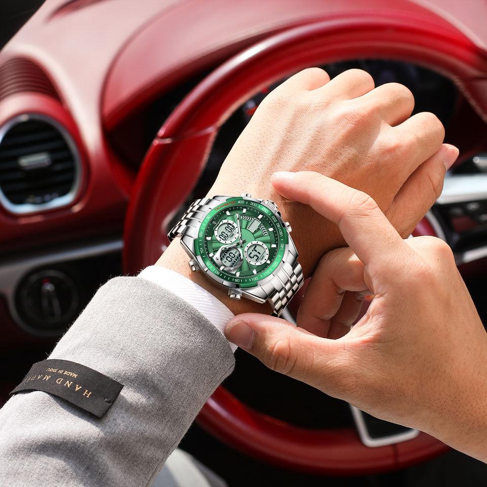 POEDAGAR E108 Fashion Men's Watches Luxury Stainless Business Quartz Digital Wristwatch Waterproof Man LED Dual Display Watch