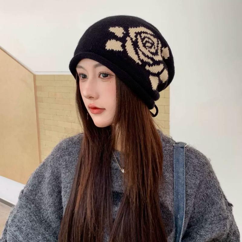 Rose Jacquard Knitted Stacking Hat Children Autumn and Winter Drawstring Versatile Face Small Baotou Hat Warm Ear Protector Cold Hat