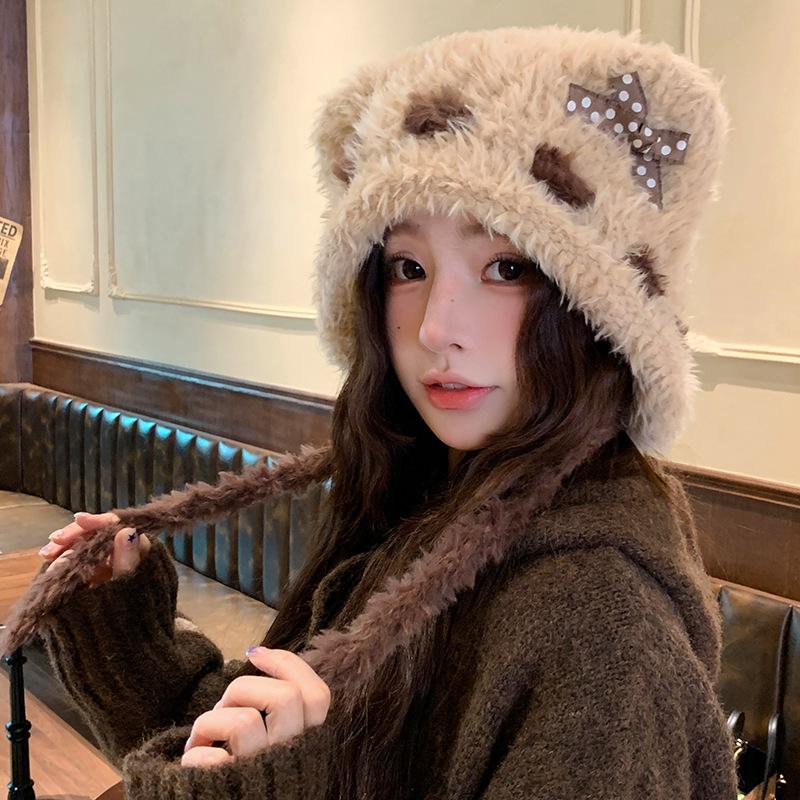 Korean Style Cute Bear Bow Plush Knitted Hat for Women Winter Warm Ear Protection Versatile Small Woolen Hat Showing Face
