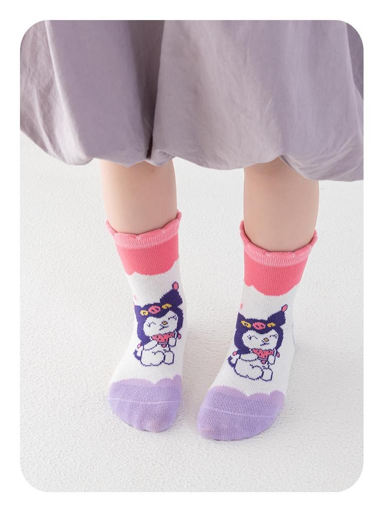 Kuromi Girls' Mid-Calf Cotton Socks - Cute Rainbow Design for Spring, Autumn, and Winter