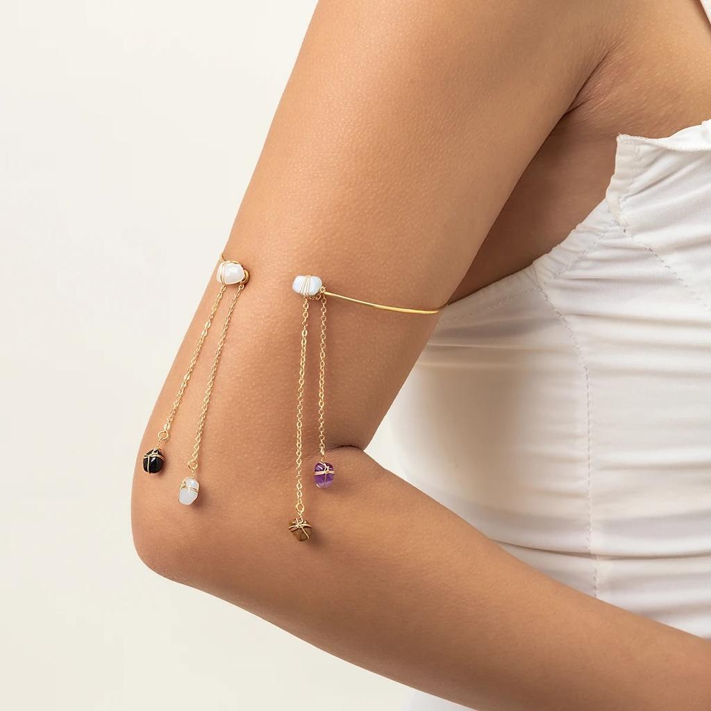 Ingemark Bracciale da Braccio Aperto Boemo in Pietra Naturale con Nappa e Catena Lunga Gioiello per Braccio Donna