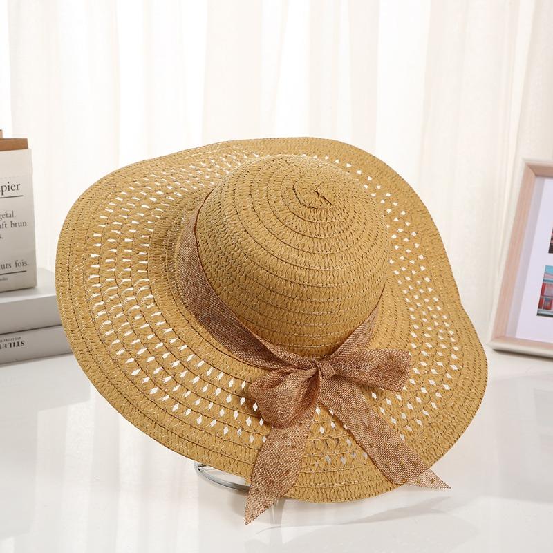 Summer Bow Sun Hat Female, Seaside Beach Vacation Sun Hat Outdoor Big Brim Sun Hat Sweet Straw Hat