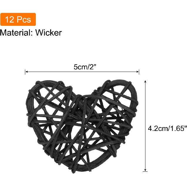 MECCANIXITY 12Pcs Heart Shaped Rattan Ball Vase Filler Natural Rattan for Valentine's Day Decoration Wedding Home Decoration Black 2 In