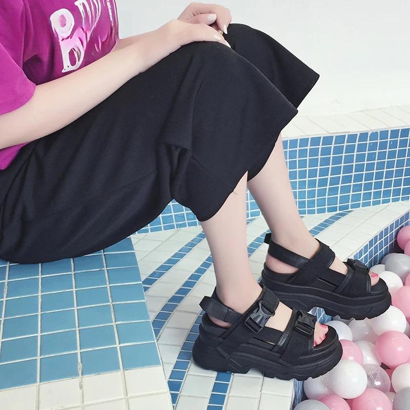 Fashion Women 8cm Platform Sandals New Women Wedge High Heels Shoes Women Buckle Leather Canvas Summer Wedges Woman Sandal Zapatos Mujer