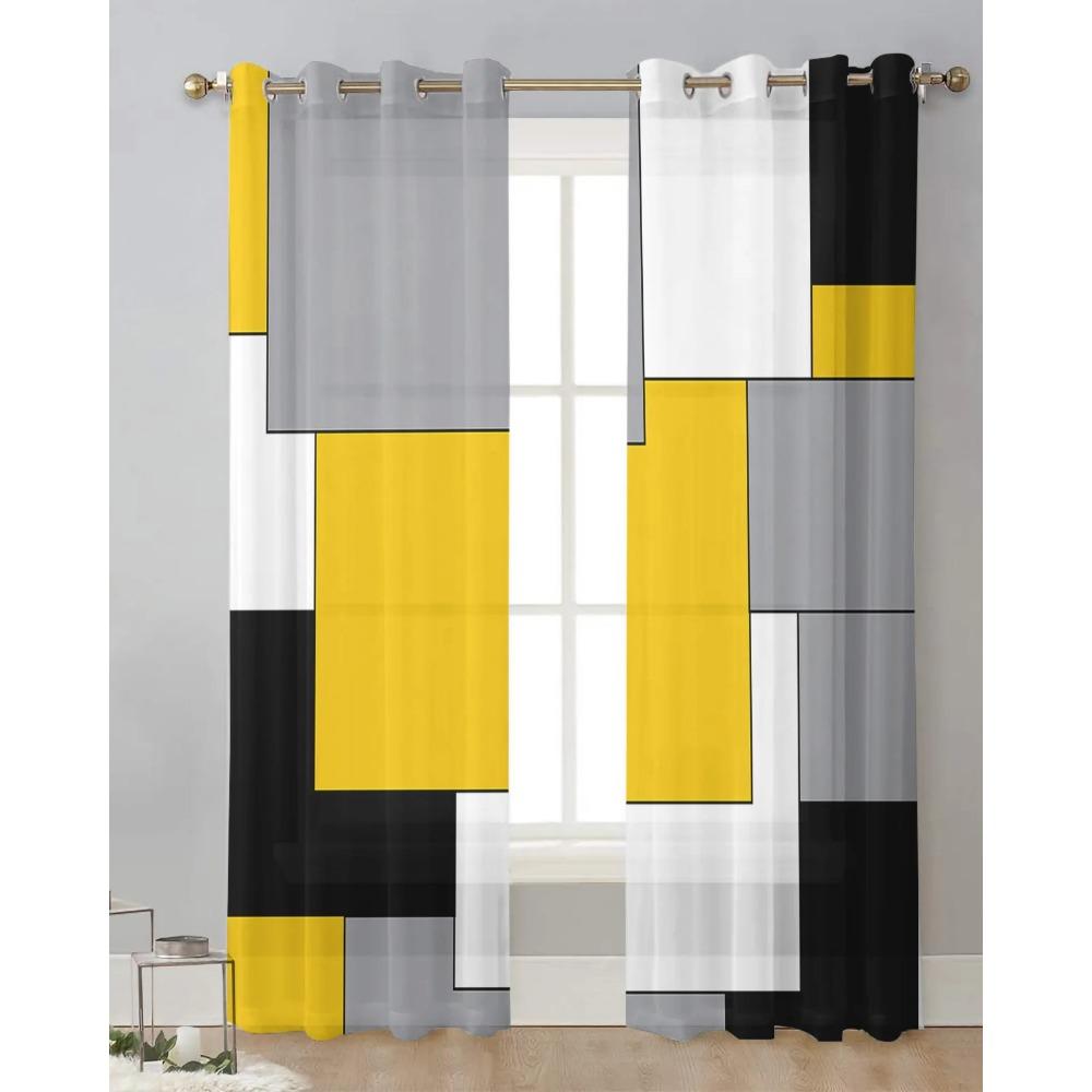 Yellow Grey Black Patchwork Abstract Art Medieval Style Sheer Curtains Living Room Kitchen Decoration Tulle Voile Window Curtain
