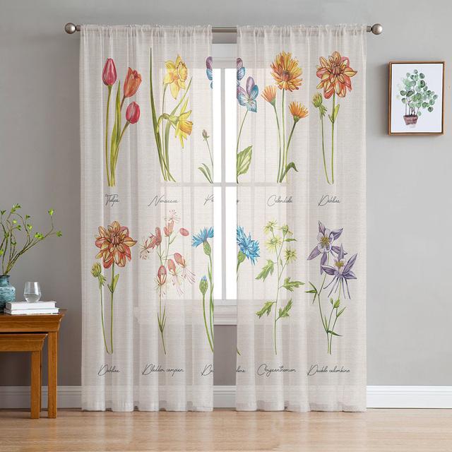 Herbal Flowers Spring Floral Sheer Voile Curtains For Living Room Bedroom Kitchen Festival Decor Chiffon Tulle Window Curtains