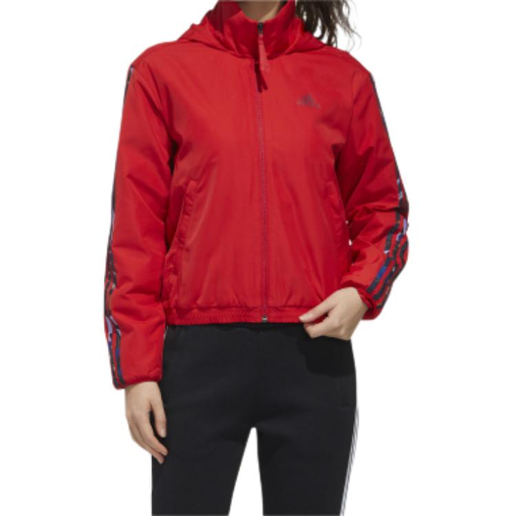 adidas Floral Logo Fleece-Lined Hooded Jacket Women Jacket Red GG0769