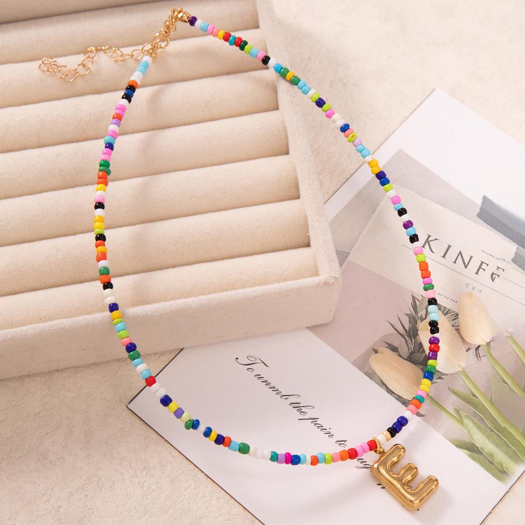 Bubble Alphabet Colored Rice Beads Handmade Beaded Delicate Beach Bohemian Necklace Collarbone Chain
