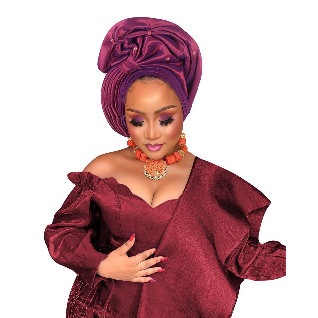 Raw Silk Turban Cap For Women African Female Head Wraps Nigeria Wedding Party Headcover Hat Ready To Wear Head Ties