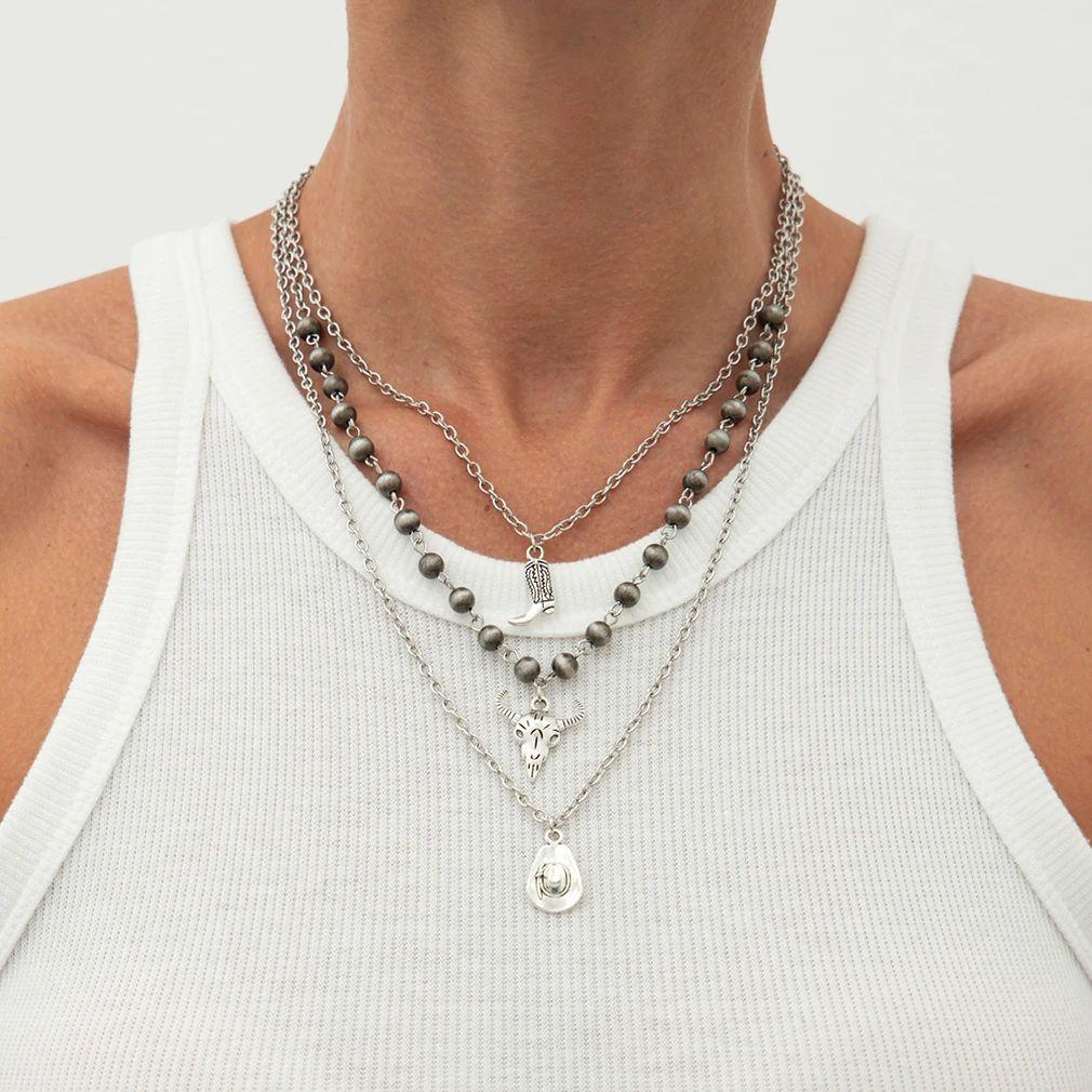 PuRui Ethnic copper Color 3Pcs/Set Thin Chain Necklace for Women Boot Horn Pendant Adjustable Round Beads Choker Zircon Gift