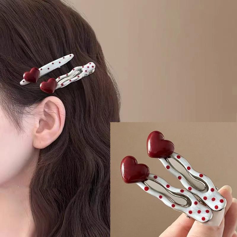 2Pcs Red Heart Cherry Dot Hair Clip for Women Sweet Irregular Water Droplets Side Clip Simple Y2K Hair Accessories