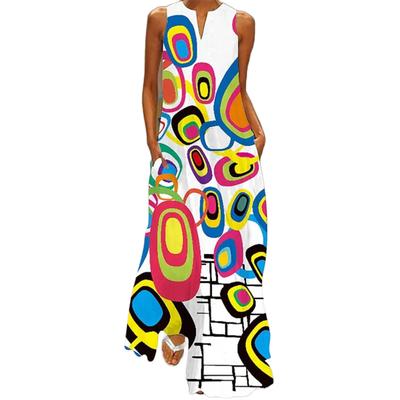 Summer Women Dress V Neck A-line Big Swing Loose Sleeveless Colorful Printing Maxi Dress with Pockets Plus Size Casual Vacation Long Dress