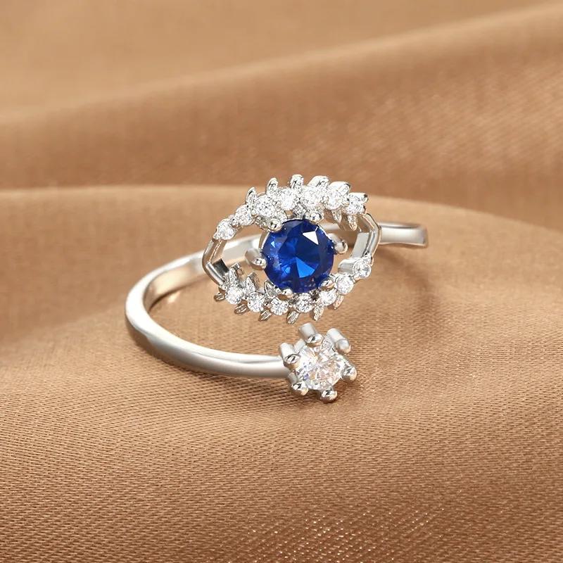 YILUOCD Blue Cubic Zirconia Evil Eye Open Ring for Women Turkish Devil Eyes Stackable Adjustable Rings Jewelry for Protection