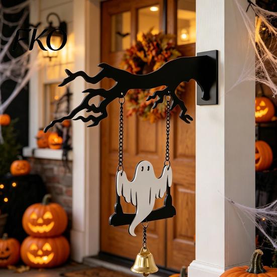 Fun Halloween Decorations Wall Mounted Hanging Bell, Clear Sound Ghost/Bat Decorative Cute Dinner Bell for Outdoor Front Door Garden Porch