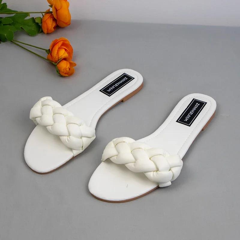 Fashion New Designer Fashion Summer Sandals Women Flat Bottom Ladies PU Leather Slides Weave Slip on Sandal Woman Outside Beach Shoes