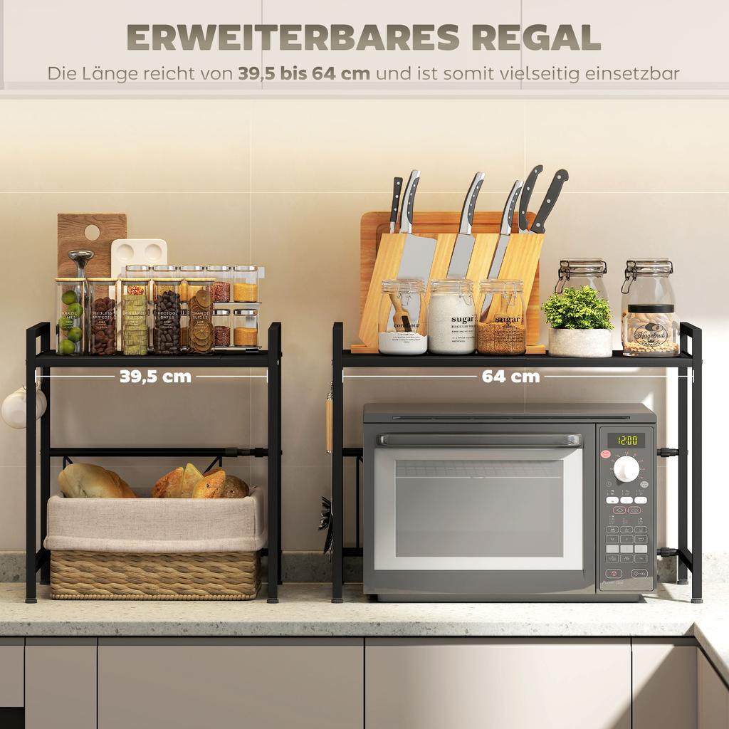 Expandable Microwave Oven Rack with 3 Hooks - Black