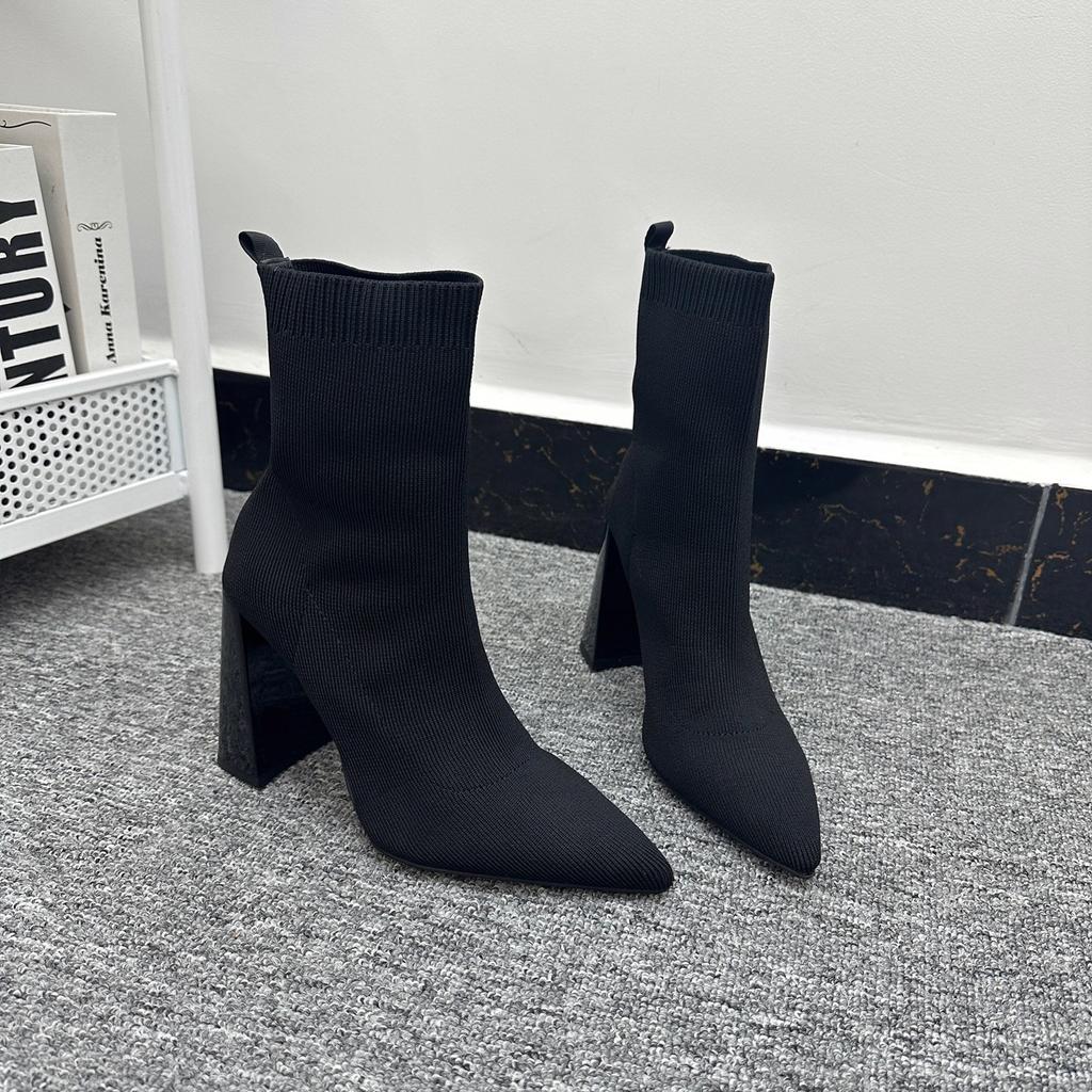 Pointed lightweight thick heel breathable knitted skinny celebrity elastic boots fashion short boots elegant