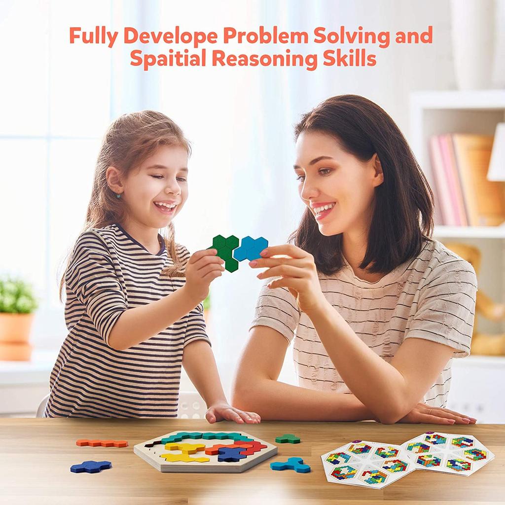 Wooden Hexagonal Puzzle for Kid Adults Shape Pattern Block Tangram Brain Teaser