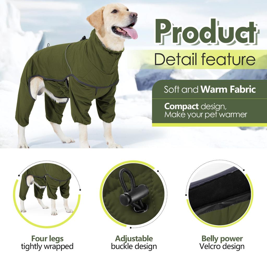 Winter Hundemantel Warmer Gepolsterter Overall Wasserdicht Winddicht Ganzkörper Hundejacke Reflektierender Haustier Schneeanzug für Große Hunde
