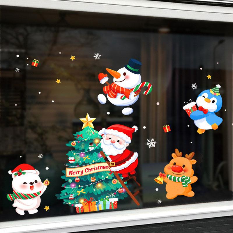 Christmas Window Stickers Happy New Year Decorative Glass Window Static Sticker Merry Xmas Santa Claus Shopping Center Ornament