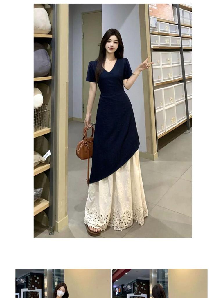 Elegant Plus Size Patchwork French Short-Sleeve Dress - Spring/Summer 2026