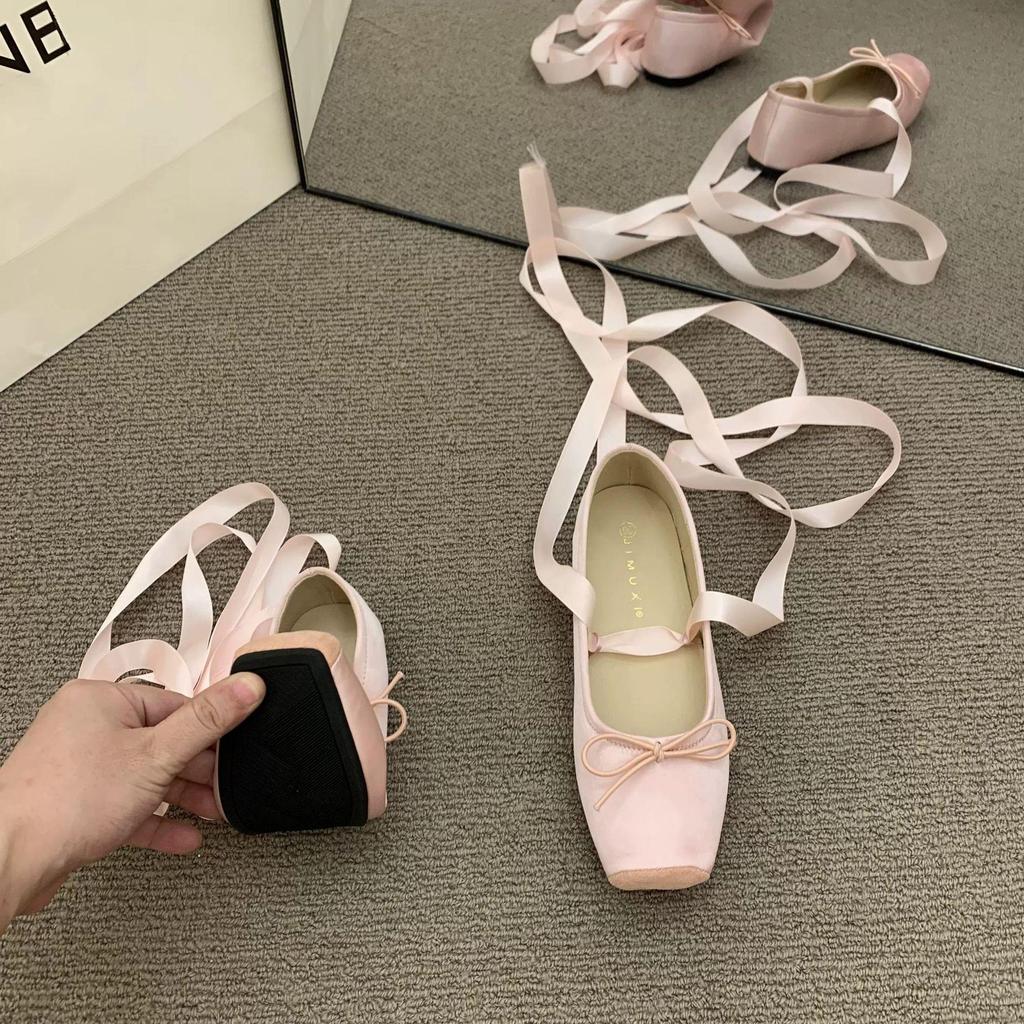 Lace Tie Leg Satin Ballet Flats Women Square Toe Bowknot Ballerinas Ladies Wedding Floral Shoes