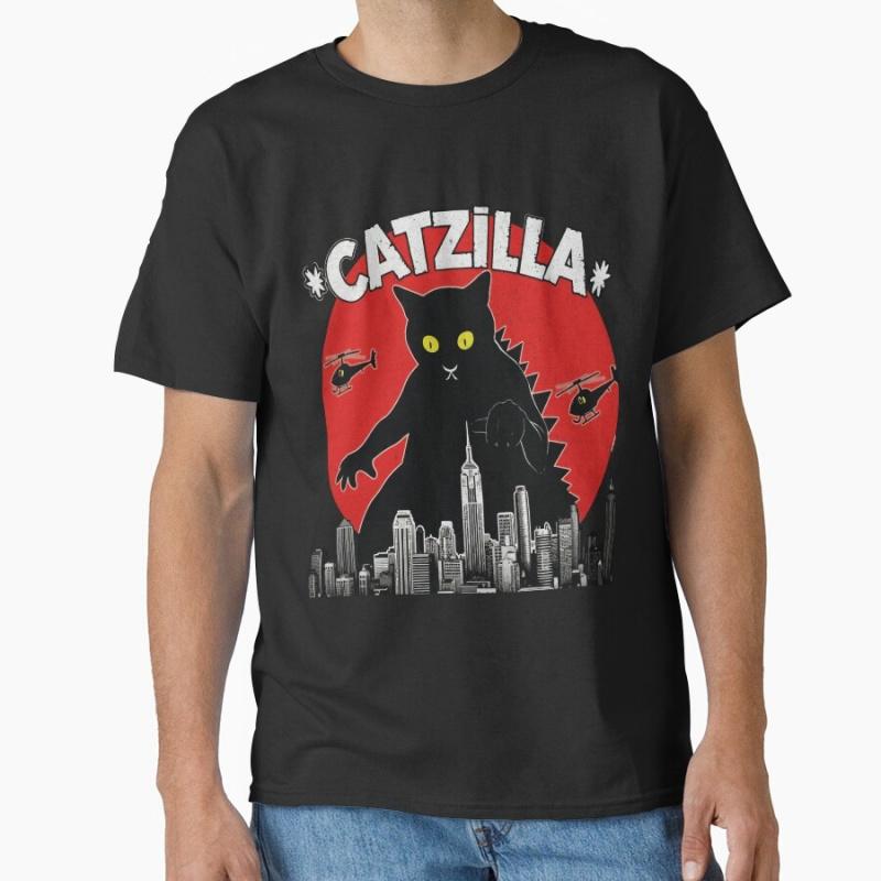 Black CatZilla King of Monster Gift T Shirt for Cat Lover Short Sleeve Graphic Tee Cute Kitty Y2k Clothes All Size Tops
