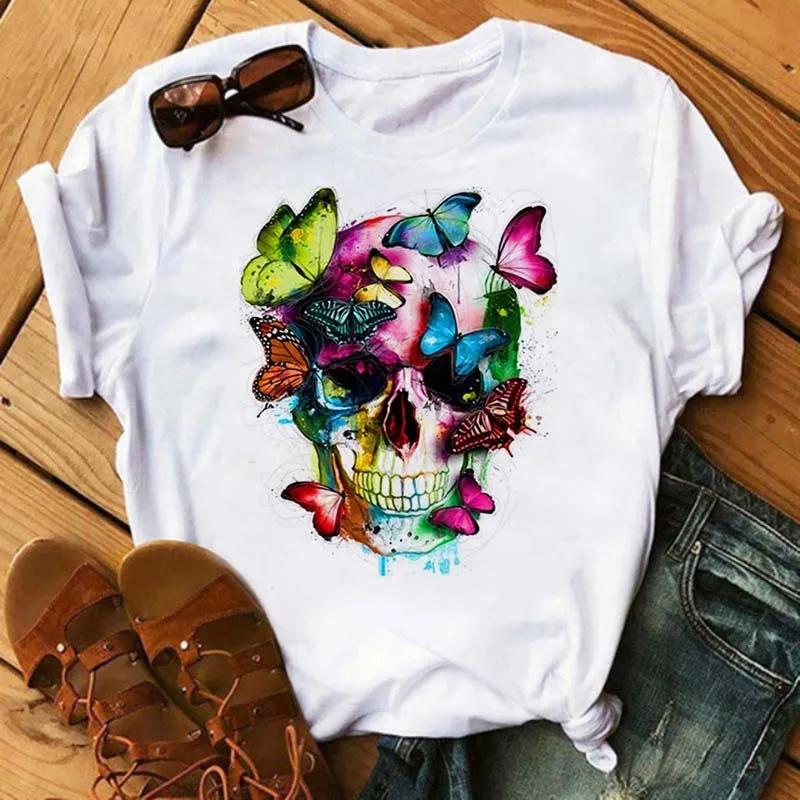 Fashion Leopard Skull Printed Women T-shirt Summer Loose Black Female T-shirt Casual Round Neck Harajuku Tops Woman Clothes