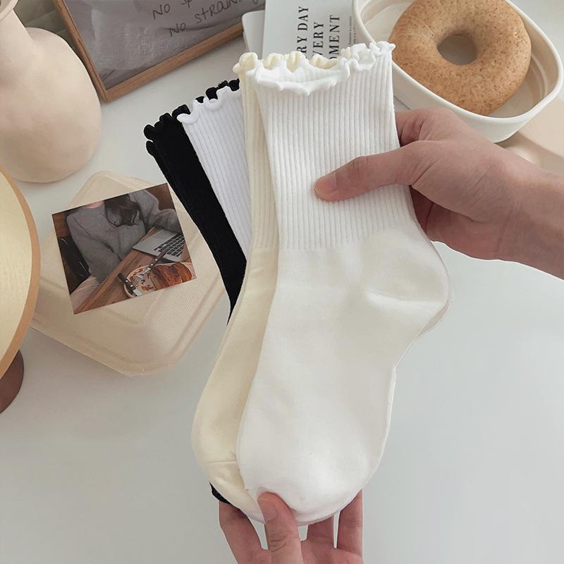 Lace Pure Cotton Women's Mid-Calf Socks - Spring & Autumn Lolita Style, Solid Color, Versatile Japanese JK Design