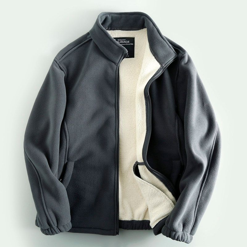 Island Fleece Jacket Composite Velvet ~ Autumn and Winter Thickened Fleece-lined Men s Polar Fleece Outerwear Stand Collar Plus size Warm Jacket Dark gray M