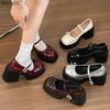 Rotbraune Mary Jane Schuhe im französischen Stil klobige High Heel Pumps Vintage Lederschuhe für Damen Retro Schleife Schnallenriemen