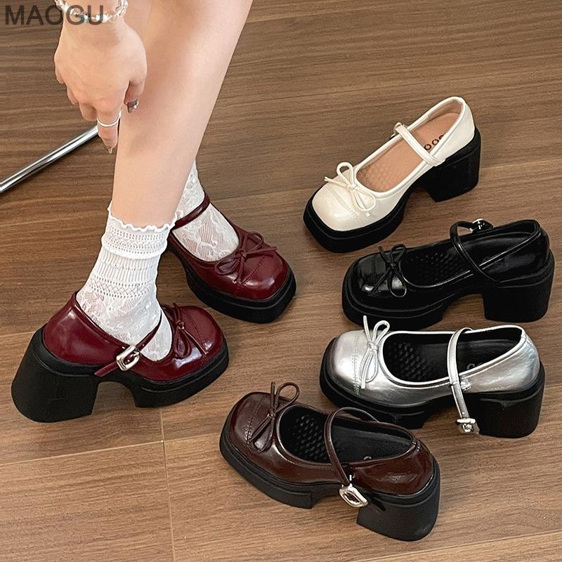 Rotbraune Mary Jane Schuhe im französischen Stil klobige High Heel Pumps Vintage Lederschuhe für Damen Retro Schleife Schnallenriemen