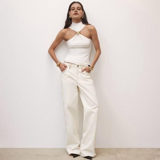 Women Tops Half High Collar Sleeveless Solid Color Stretchy Tops Slim Fit